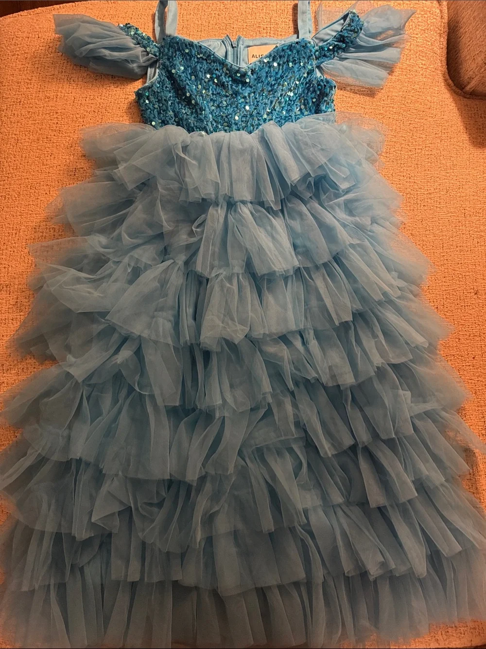 Girls' Blue Ruffle Tulle Sequin Party Dress